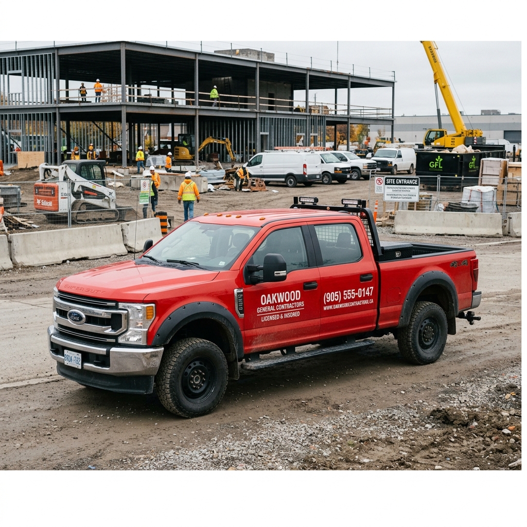Red pickup truck with custom truck lettering and decal placement